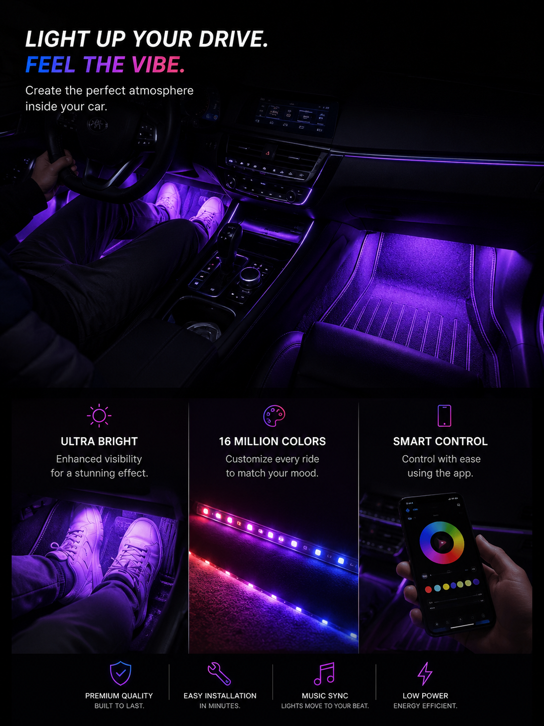 VibeDrive Car Interior LED Lights –  (USB/Cigarette Lighter)