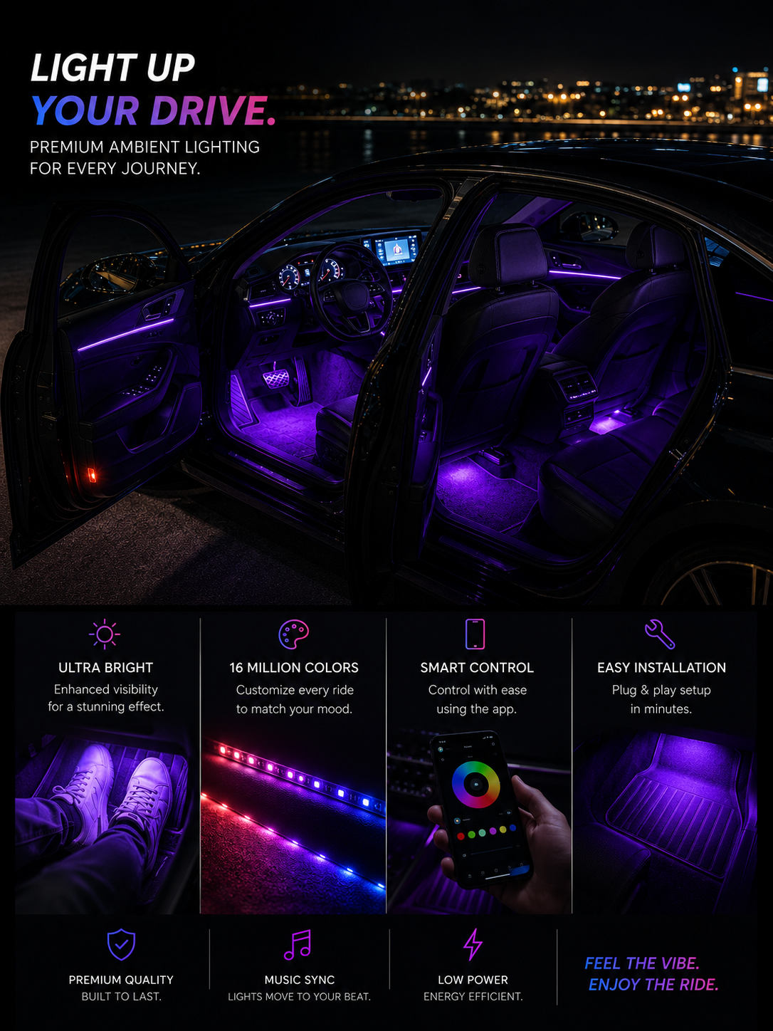 VibeDrive Car Interior LED Lights –  (USB/Cigarette Lighter)