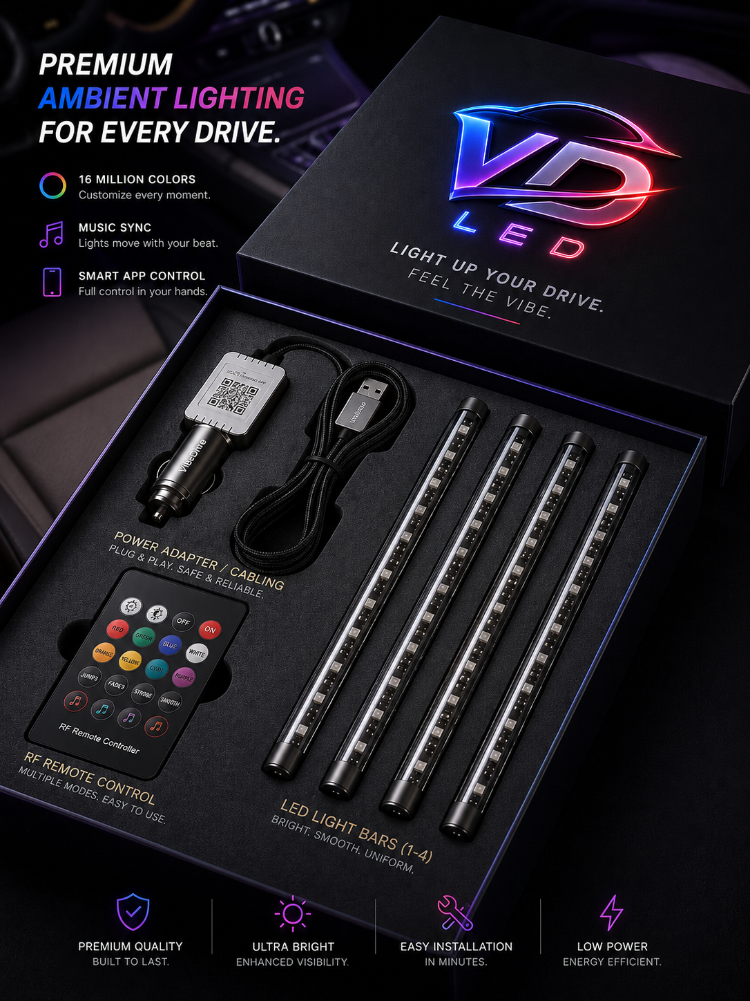 VibeDrive Car Interior LED Lights –  (USB/Cigarette Lighter)