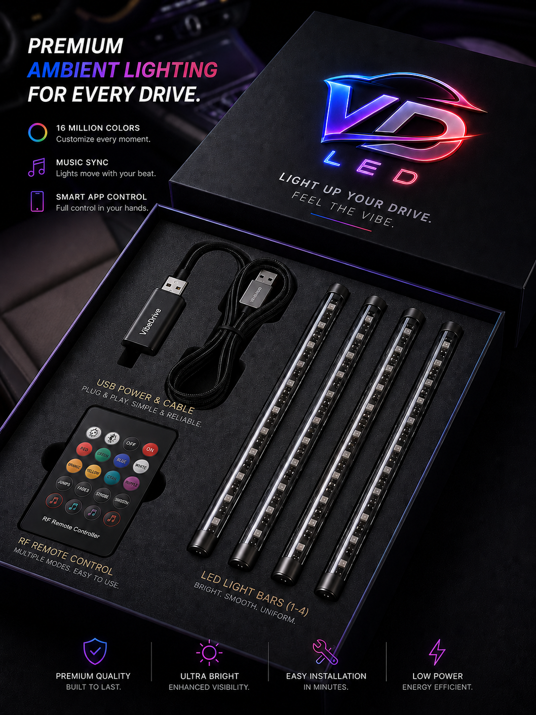 VibeDrive Car Interior LED Lights –  (USB/Cigarette Lighter)